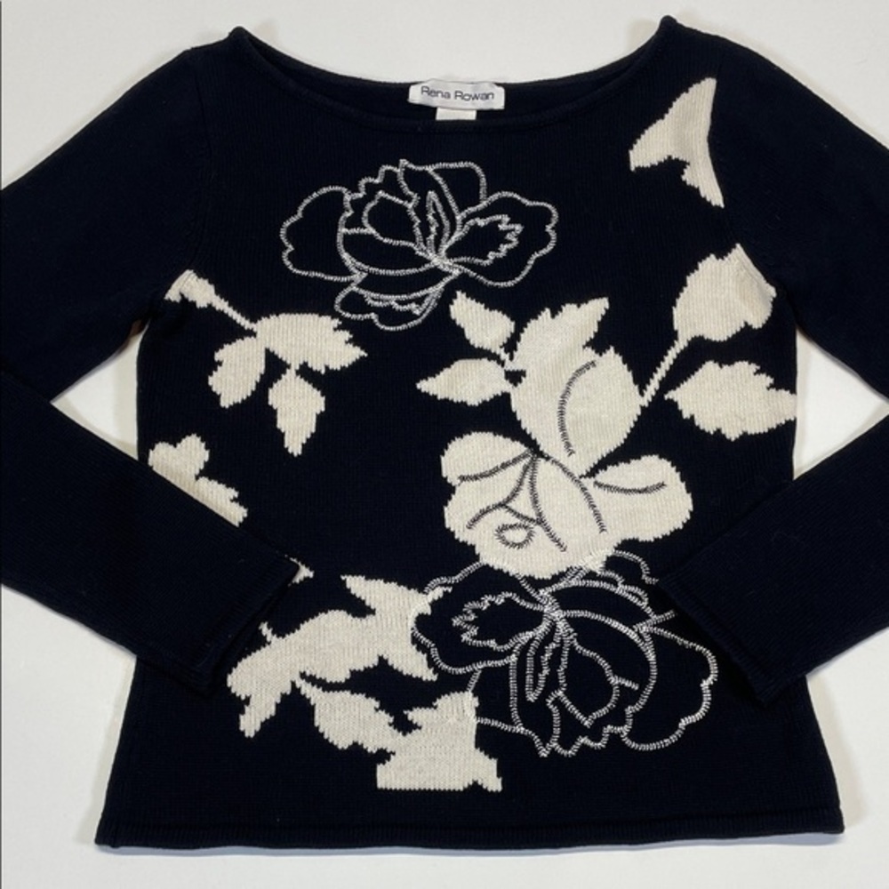 Rena Rowan Navy White Floral Intarsia knit Sweater Women Size Small